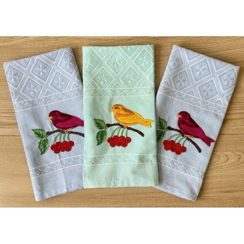 Embroidered Bird Cherry Guest Towels Set‎ 3 Made Portugal Cotton